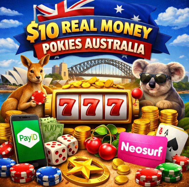 $10 real money pokies Australia illustration with PayID and Neosurf, featuring slot machine 777, casino chips, kangaroo, koala, and Sydney landmarks