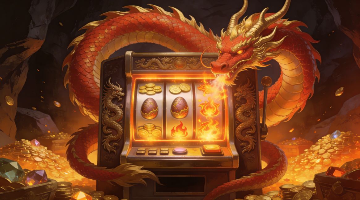 Dragon-themed slot machines hero image for Australian online casino blog, featuring a red and gold dragon wrapped around a glowing slot machine in a treasure cave.