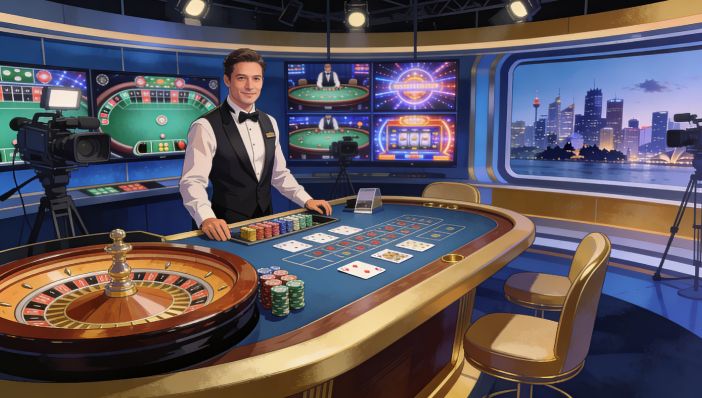 Live casino studio with professional dealer at a roulette table, cards and chips on layout, and multiple live game screens in a modern Australian-style setting.