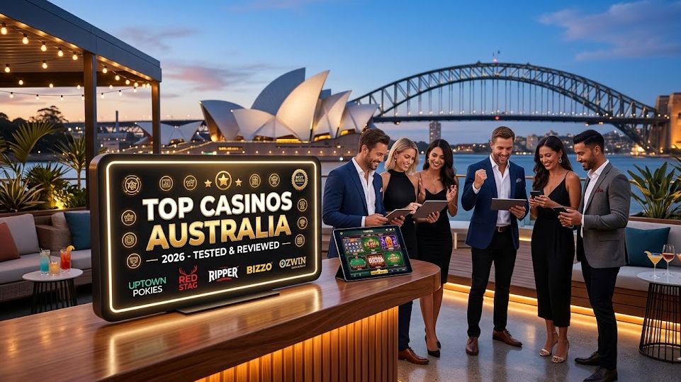 Top casinos Australia 2026: A group of friends celebrating and playing mobile pokies on a Sydney rooftop bar overlooking the Opera House, featuring reviews for Uptown Pokies, Red Stag, Ripper, Bizzo, and Ozwin.