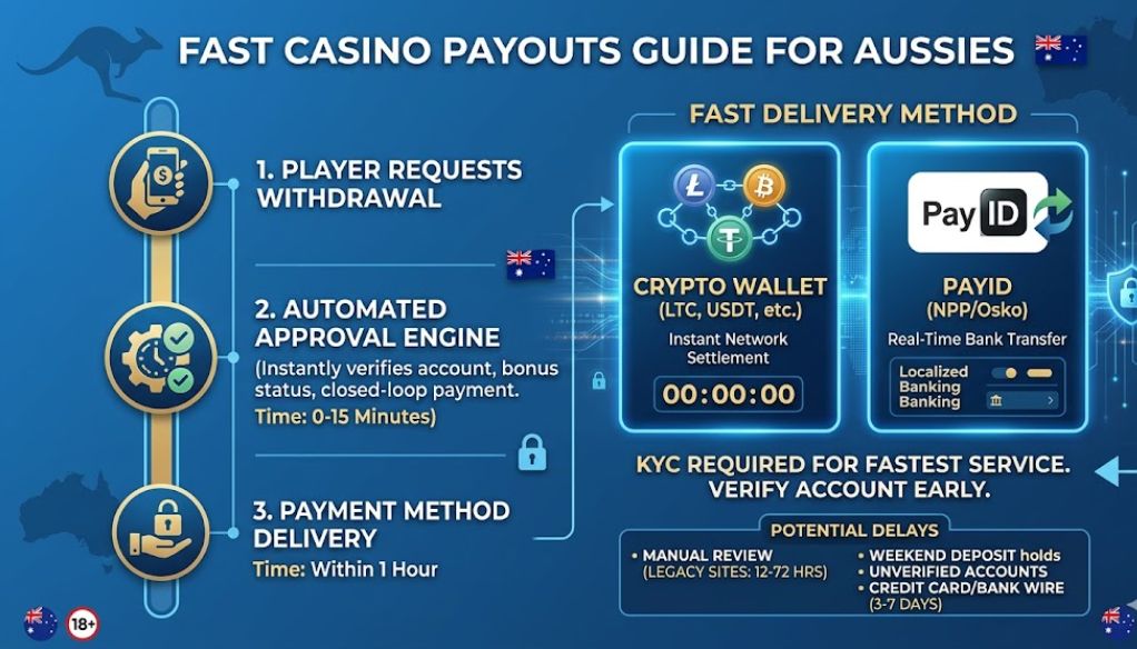 Infographic for Australian players outlining the fast payout process at offshore casinos, showing the timeline from automated approval to instant delivery via cryptocurrency or PayID networks under 1 hour.