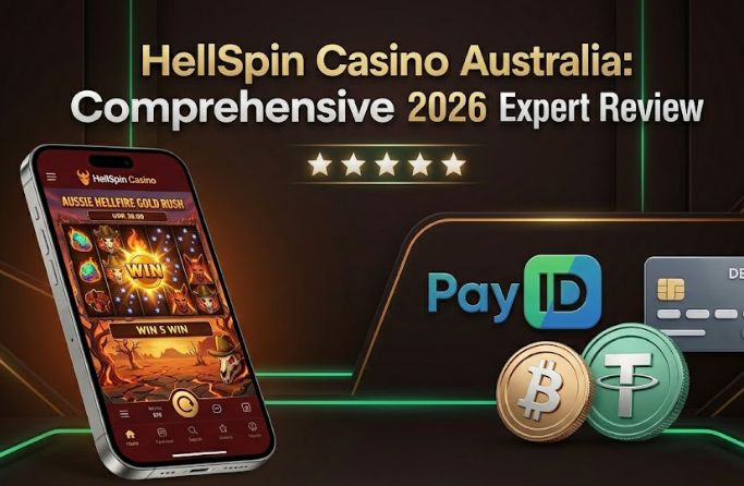 HellSpin Casino Australia online mobile review interface showing 2026 bonus promotions with PayID and cryptocurrency banking options.