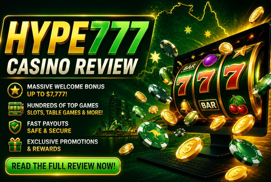 Online pokies reels and flying chips on a computer screen with Australian map in green and gold for Hype777 Casino review