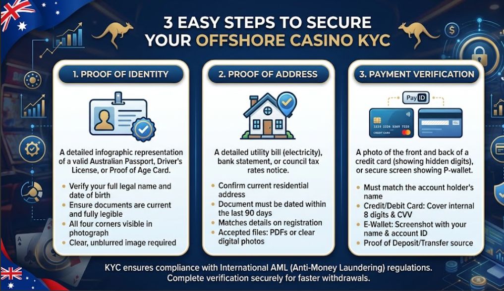 Infographic detailing the three steps of offshore casino KYC verification for Australian players, showing icons for proof of identity, proof of address, and proof of payment method.