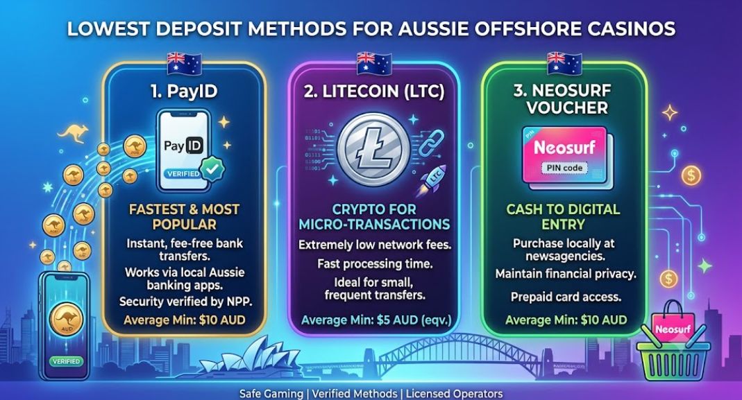 Infographic for Australian players comparing the top 3 low minimum deposit payment methods at offshore casinos, featuring icons for PayID, Litecoin, and Neosurf with their typical minimum entry limits.