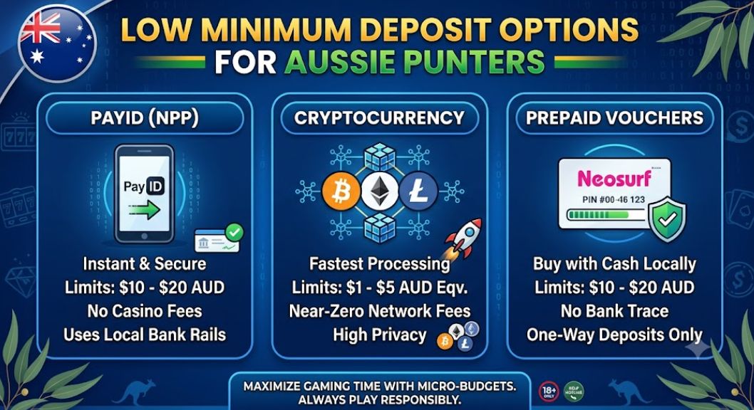 Top 3 low minimum deposit options for Aussie players at offshore casinos, highlighting PayID, Litecoin, and Neosurf with their usual minimum buy‑in levels.