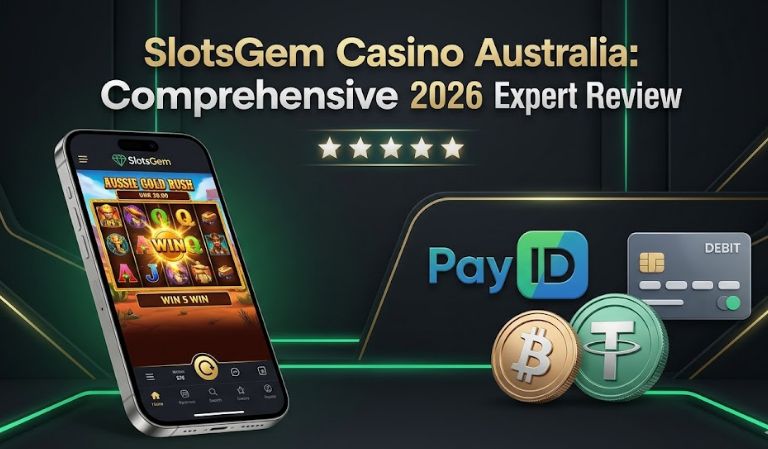 SlotsGem Casino Australia online mobile review interface showing 2026 bonus promotions with PayID and cryptocurrency banking options.