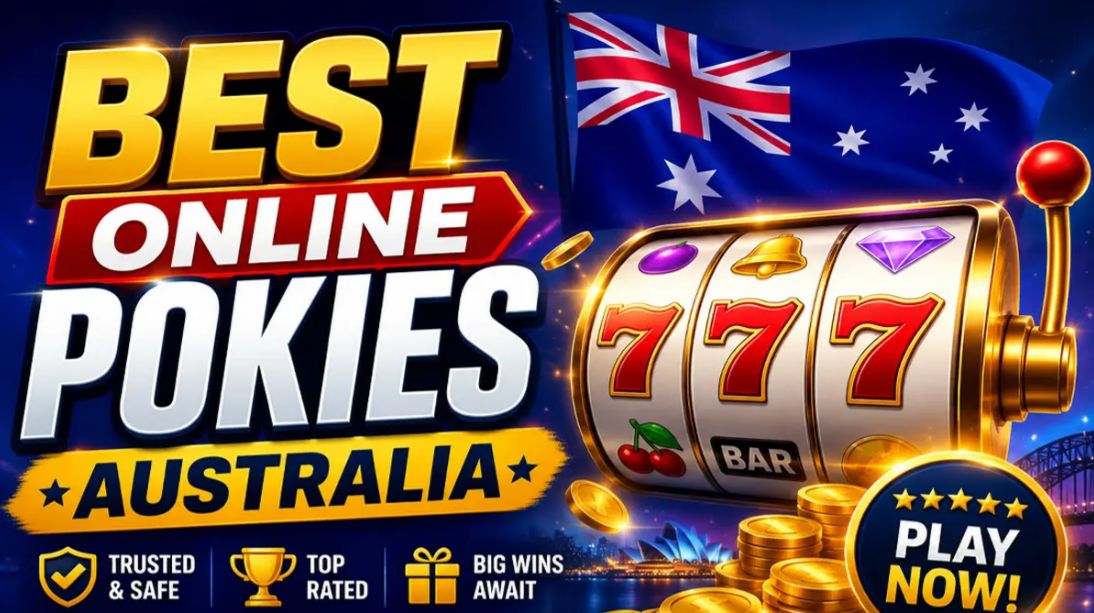 Marketing banner for best online pokies Australia featuring a vibrant slot machine graphic with a gold coin eruption against a subtle Australian flag themed backdrop.