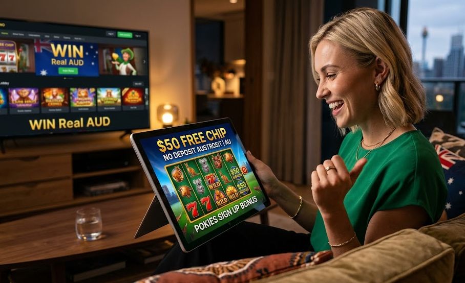 Free $50 Pokies No Deposit Sign Up Bonus Australia promotional offer on digital casino screen.