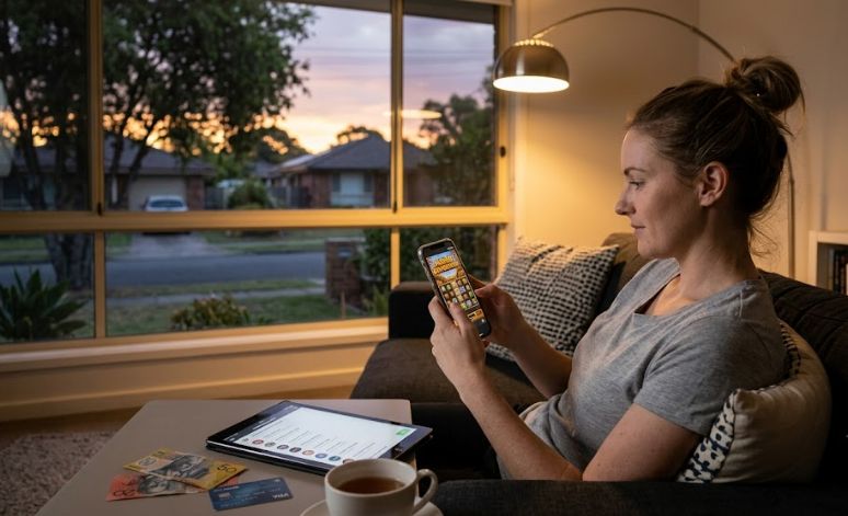 A woman sitting on a living room couch at sunset, using her smartphone to play an online casino game with a tablet, Australian dollar banknotes, and a cup of tea on the coffee table nearby.
