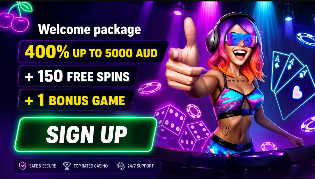 Casino welcome package with 400% bonus up to 5000 AUD, 150 free spins, bonus game, and vibrant neon casino graphics for SlotRave review.