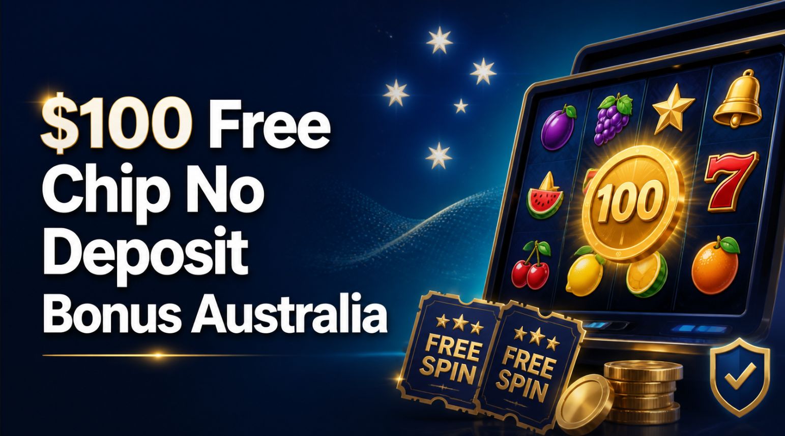 $100 free chip no deposit bonus Australia featured image with a generic pokie machine, free-spin tickets and bonus token.
