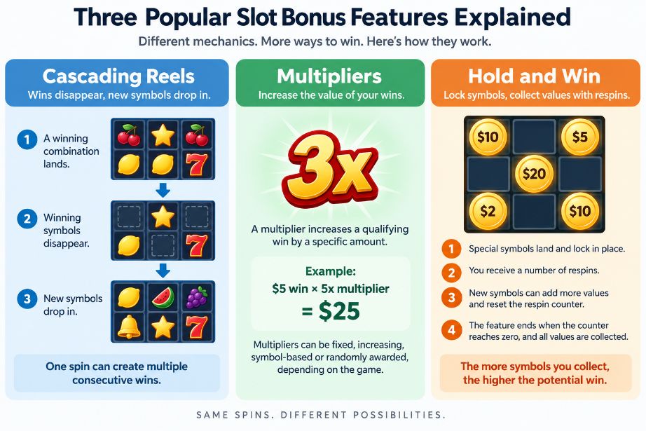 Three popular slot bonus features explained: cascading reels, multipliers, and Hold and Win mechanics with simple visual examples.